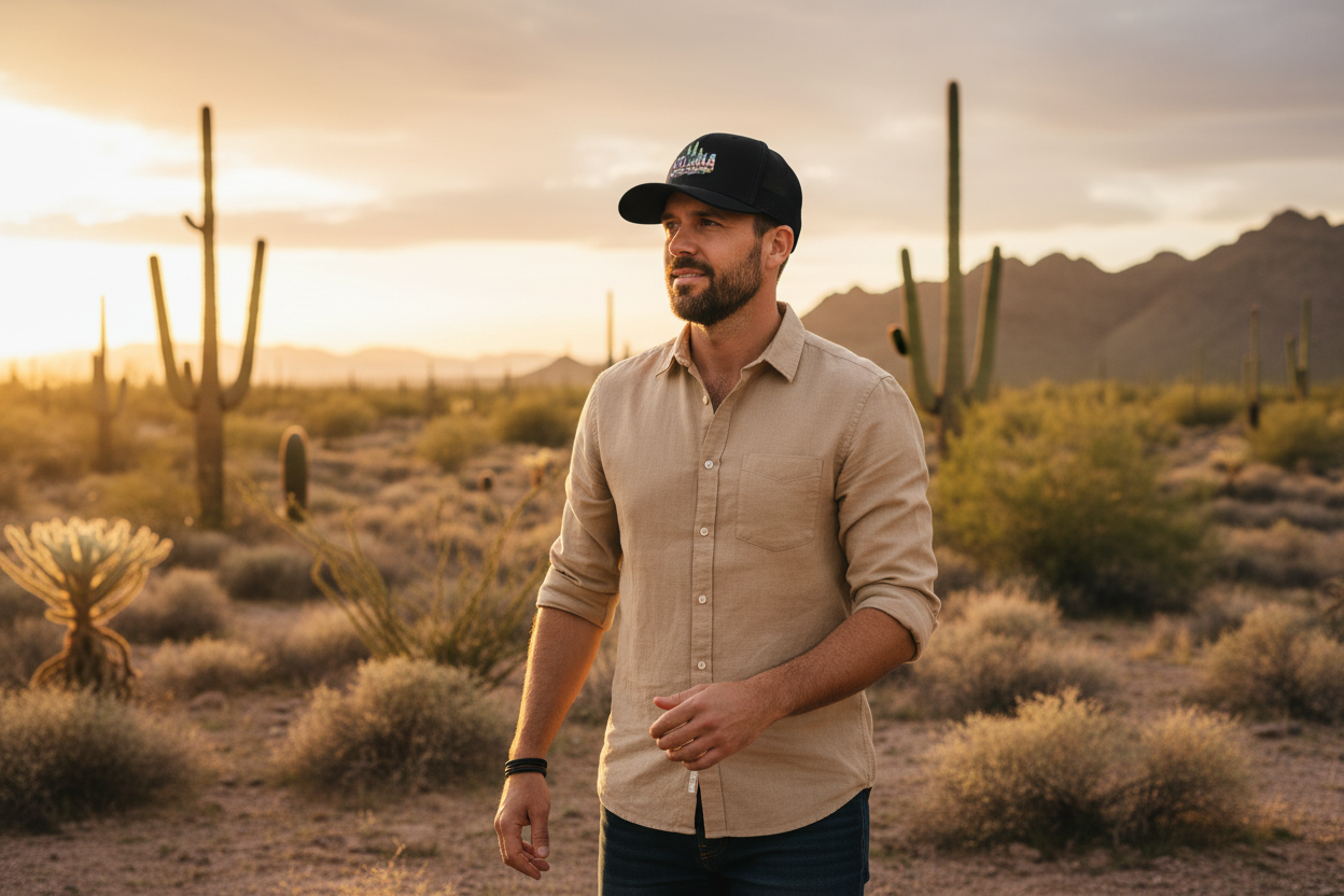 Man wearing black Richardson 112 trucker snapback hat - Arizona desert lifestyle