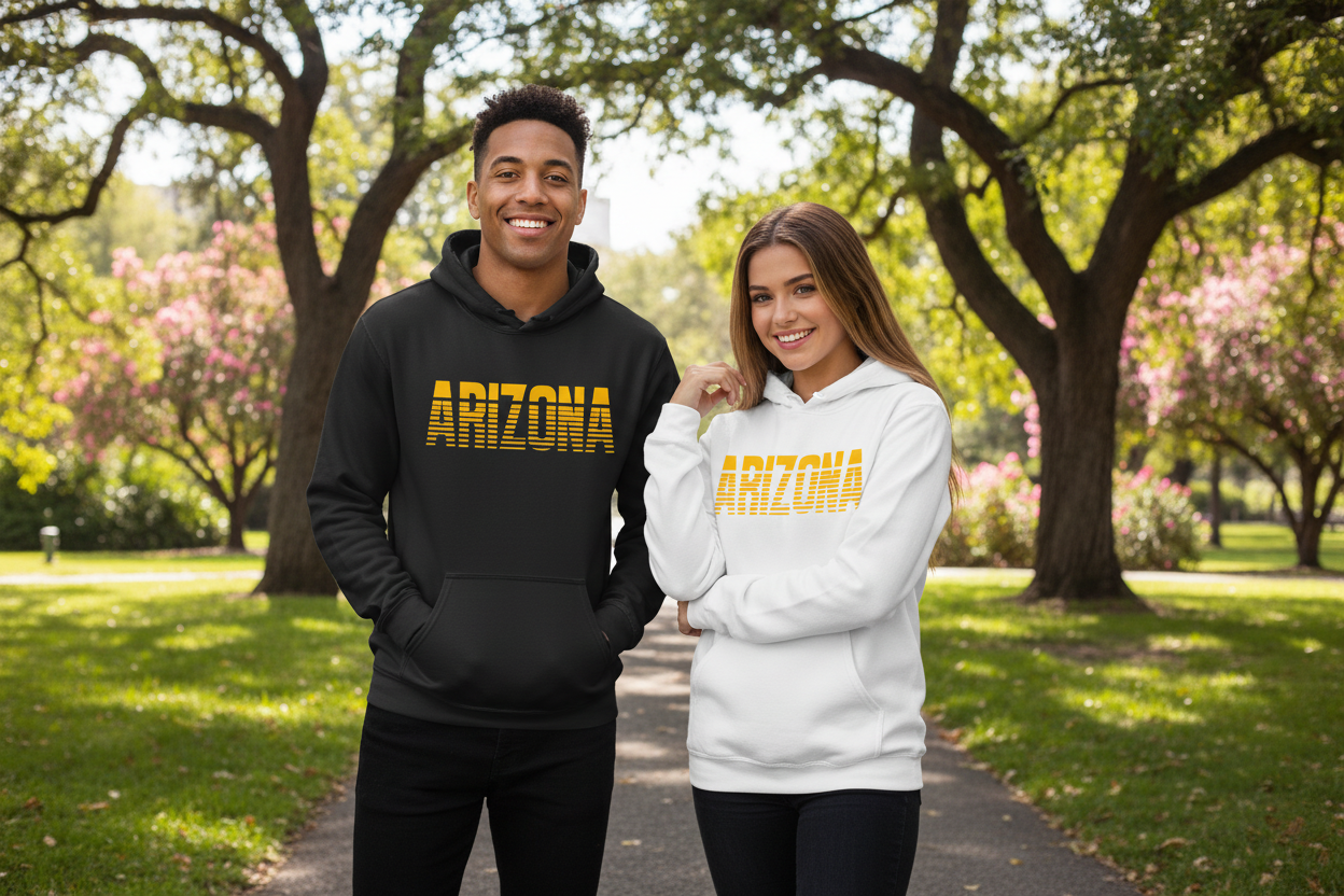 Male and female models wearing black and white hoodies side by side