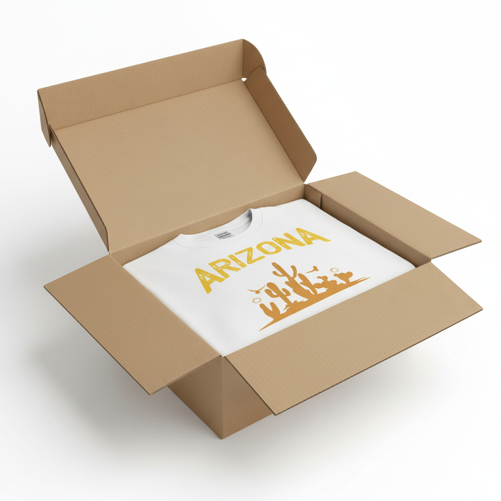 White t-shirt in shipping box with collar visible