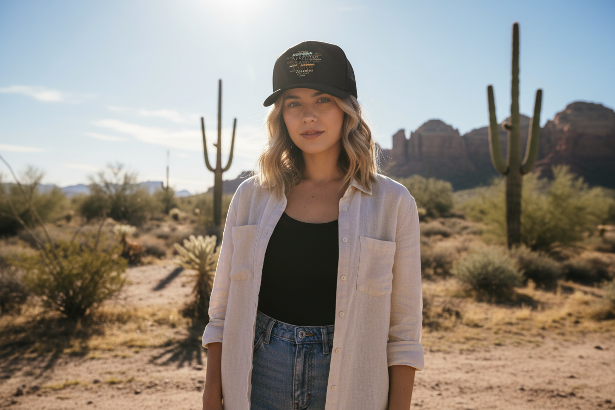 Woman wearing black Richardson 112 trucker snapback hat - Arizona desert lifestyle