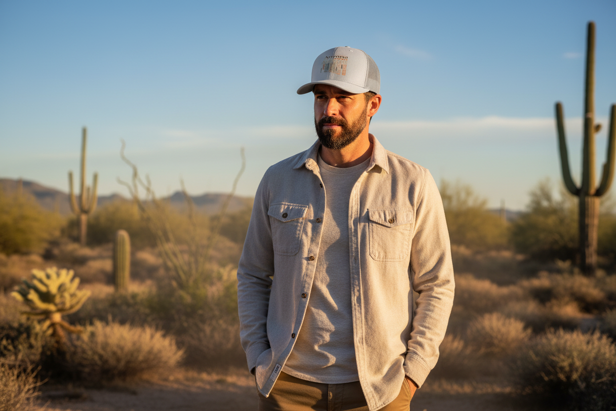 Man wearing white Richardson 112 trucker snapback hat - Arizona desert lifestyle