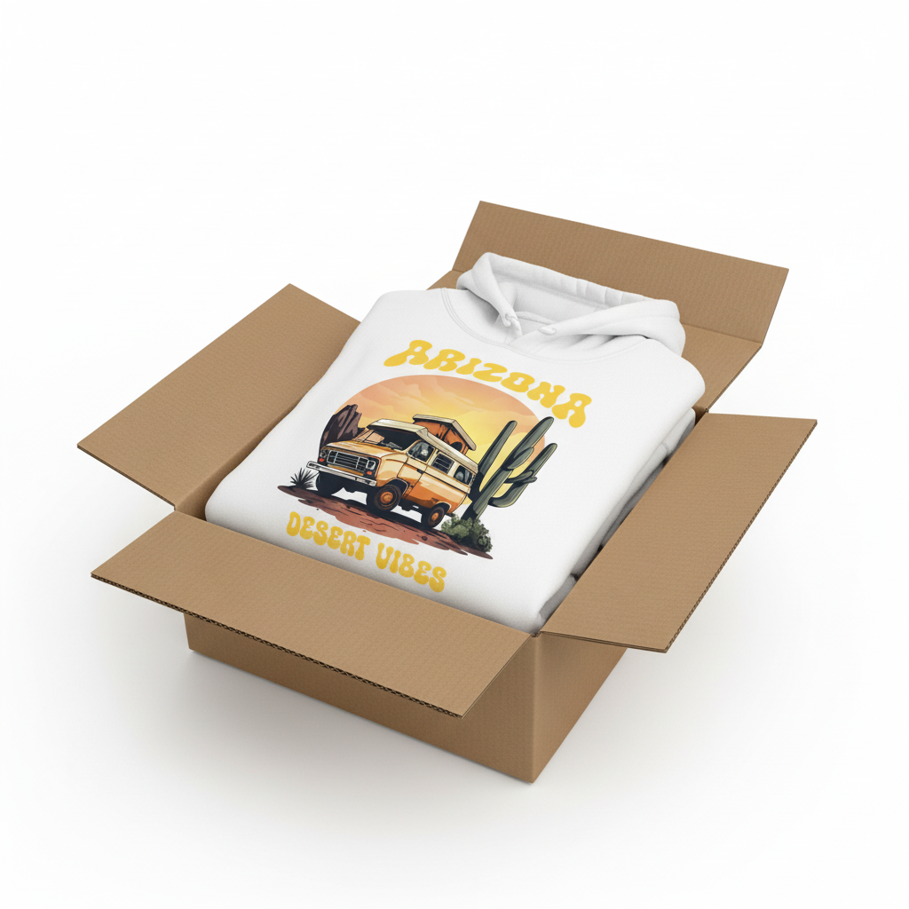 White hoodie in shipping box with collar and hood visible