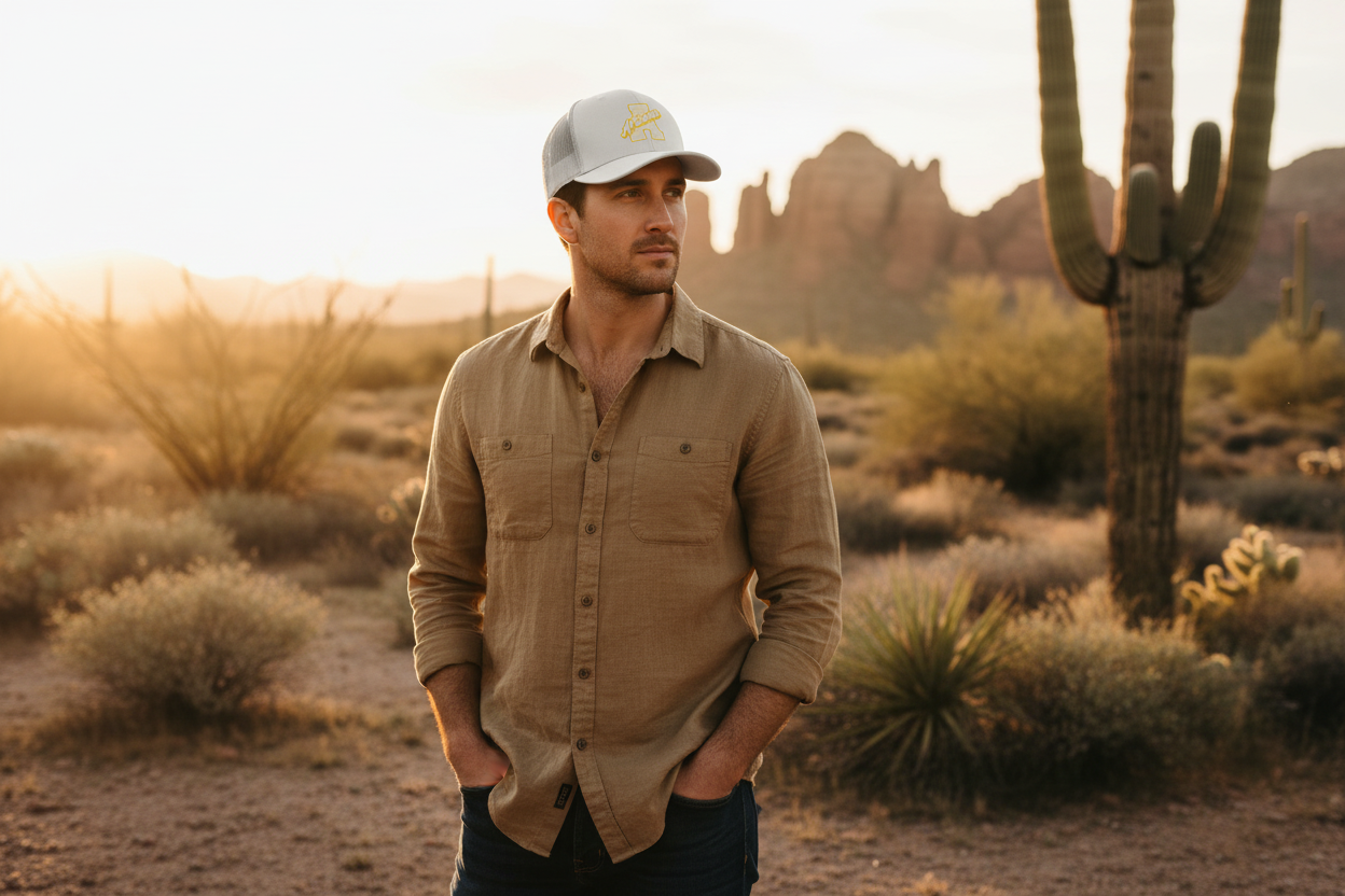Man wearing white Richardson 112 trucker snapback hat - Arizona desert lifestyle