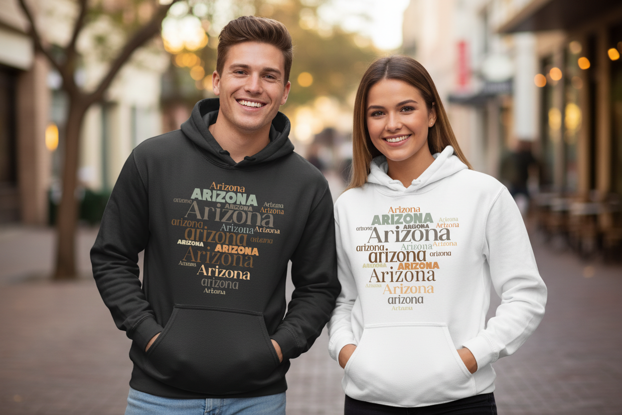 Male and female models wearing black and white hoodies side by side