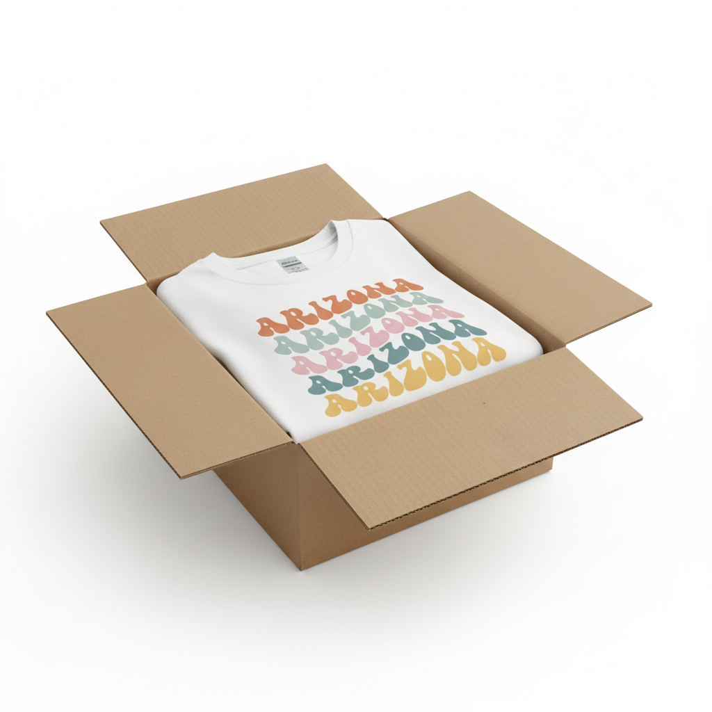 White t-shirt in shipping box with collar visible