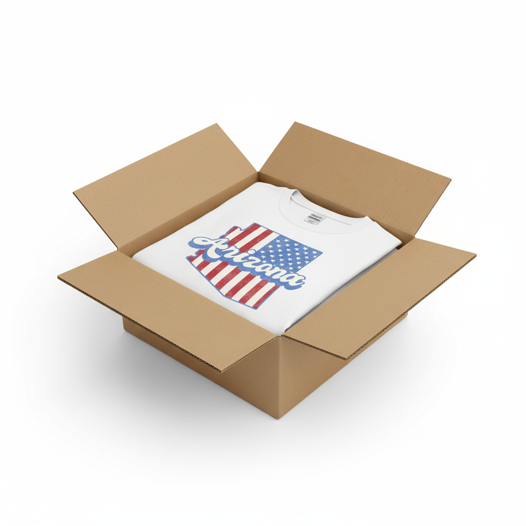 White t-shirt in shipping box with collar visible