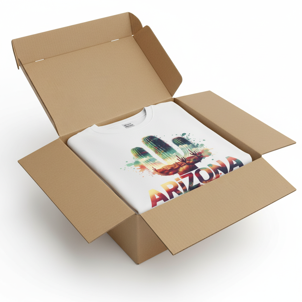 White t-shirt in shipping box with collar visible