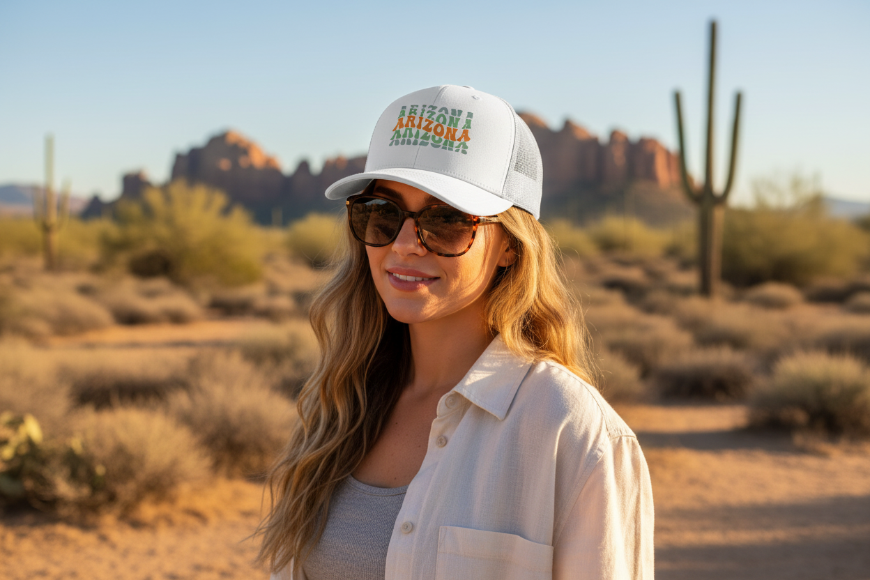 Woman wearing white Richardson 112 trucker snapback hat - Arizona desert lifestyle
