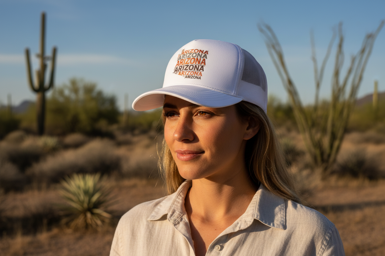 Woman wearing white Richardson 112 trucker snapback hat - Arizona desert lifestyle