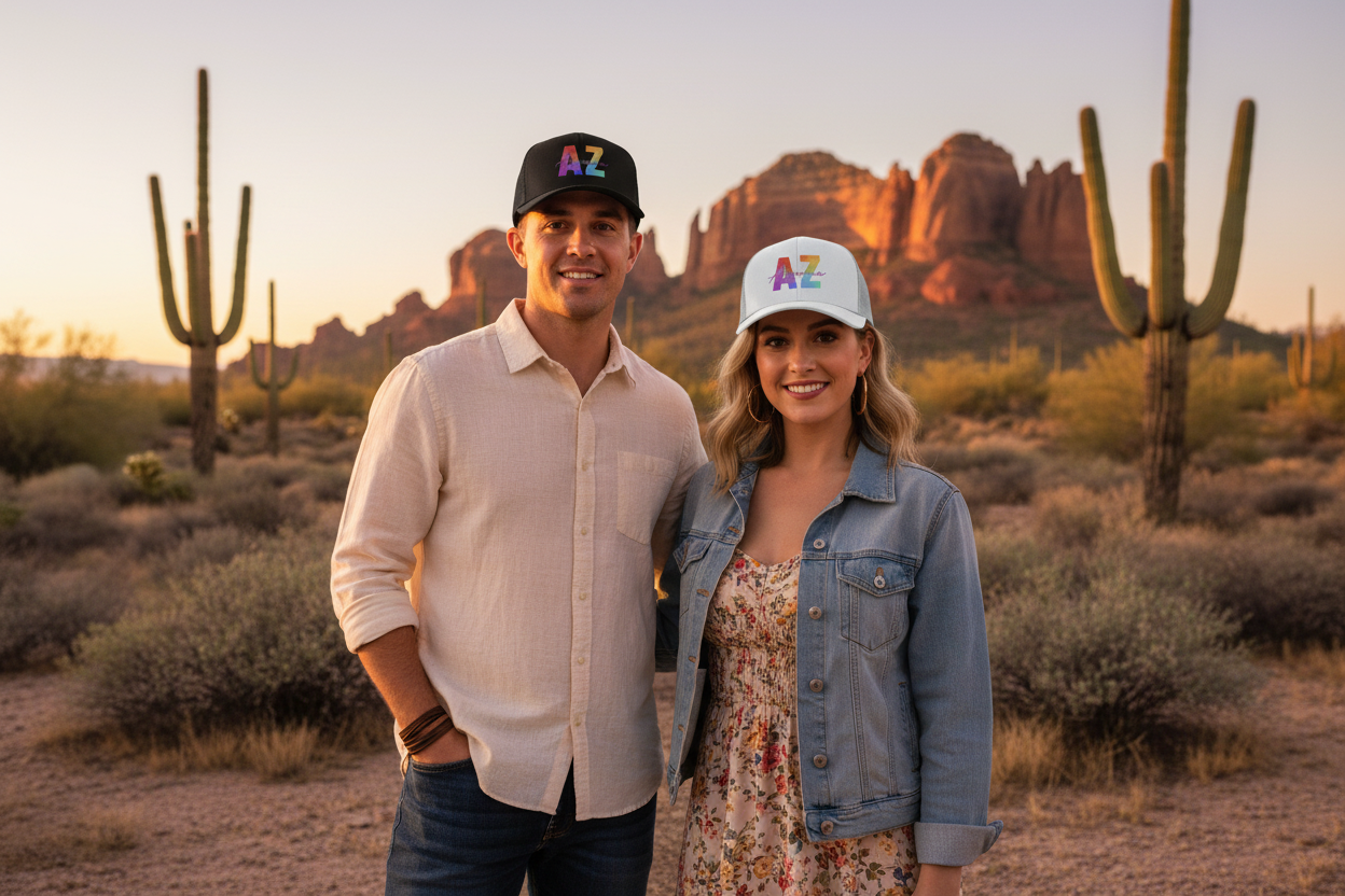 Man and woman wearing black and white Richardson 112 trucker snapback hats - Arizona desert lifestyle
