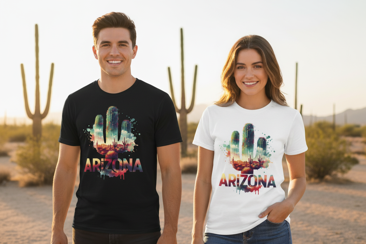 Male and female models wearing black and white t-shirts side by side