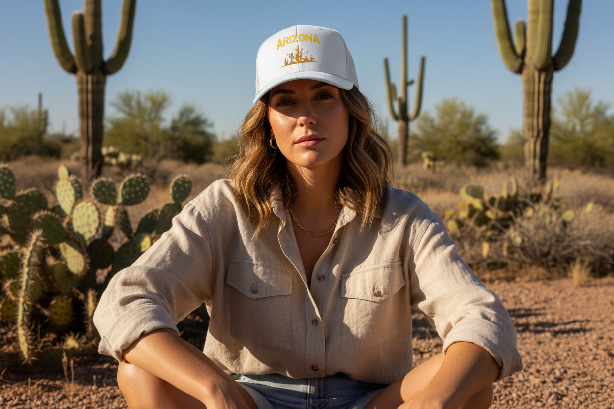 Woman wearing white Richardson 112 trucker snapback hat - Arizona desert lifestyle
