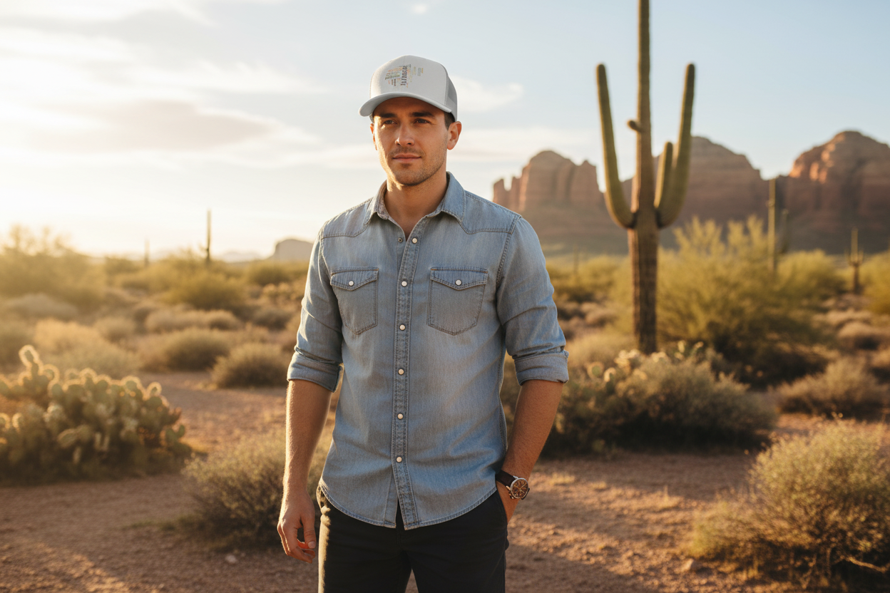 Man wearing white Richardson 112 trucker snapback hat - Arizona desert lifestyle