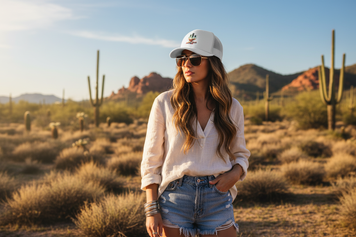 Woman wearing white Richardson 112 trucker snapback hat - Arizona desert lifestyle
