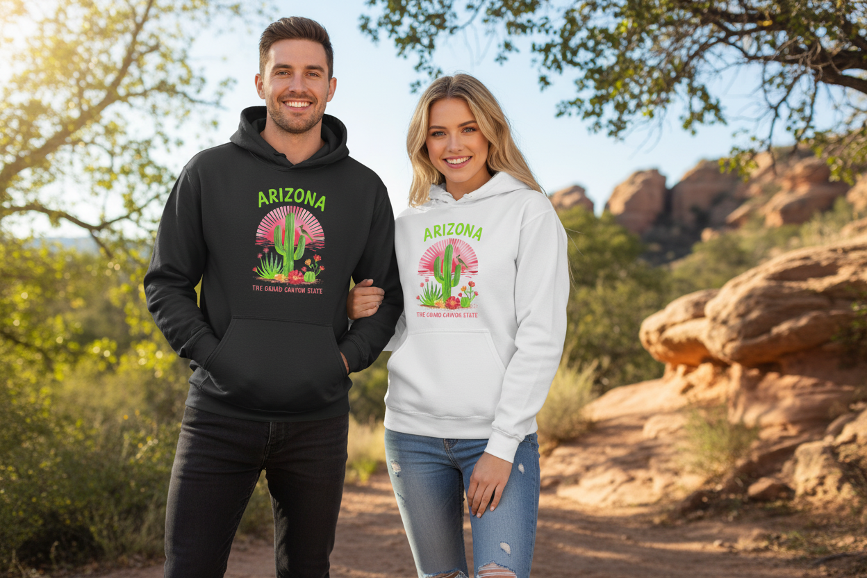 Male and female models wearing black and white hoodies side by side