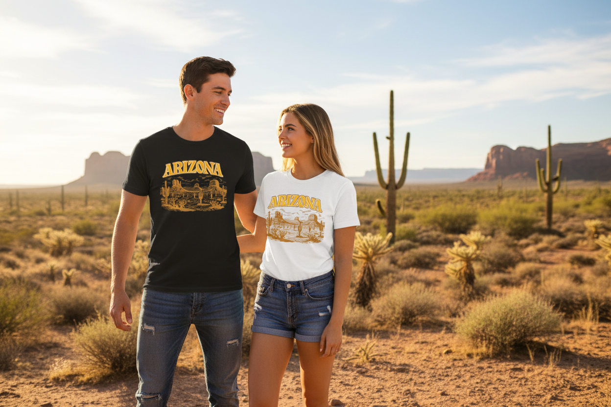 Man and woman wearing black and white graphic t-shirts - Arizona desert lifestyle