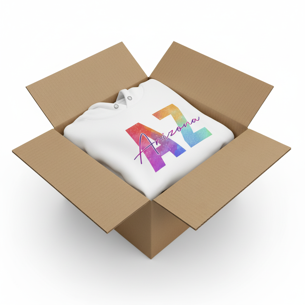 White hoodie in shipping box with collar and hood visible