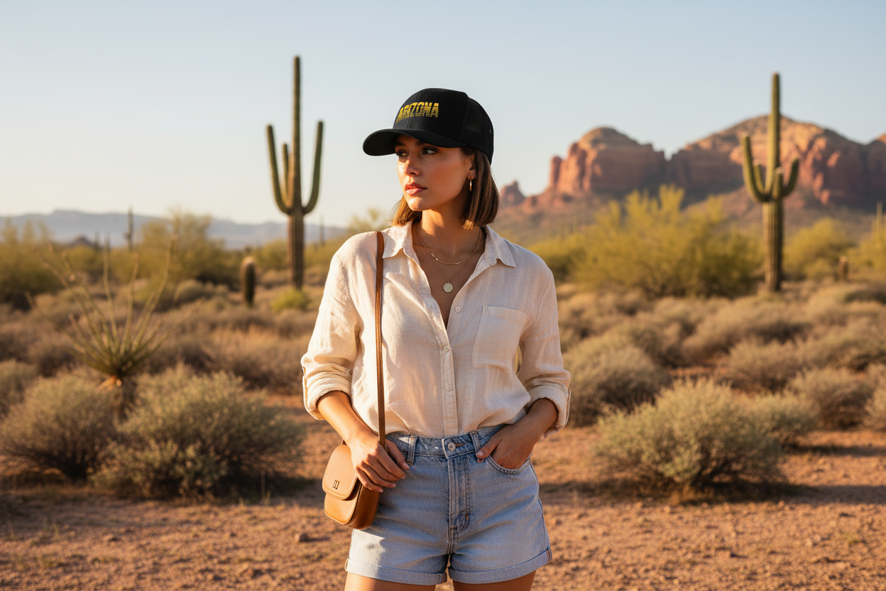 Woman wearing black Richardson 112 trucker snapback hat - Arizona desert lifestyle