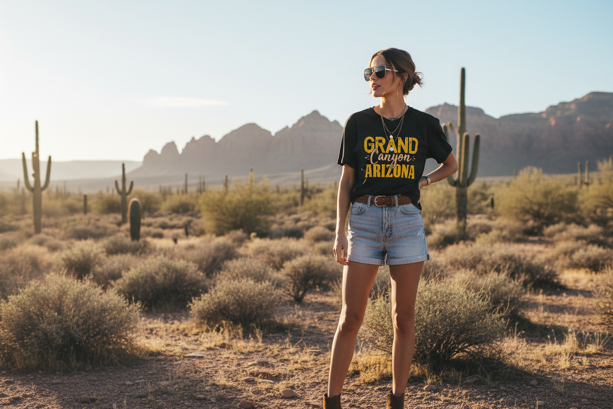 Woman wearing black graphic t-shirt - Arizona desert lifestyle