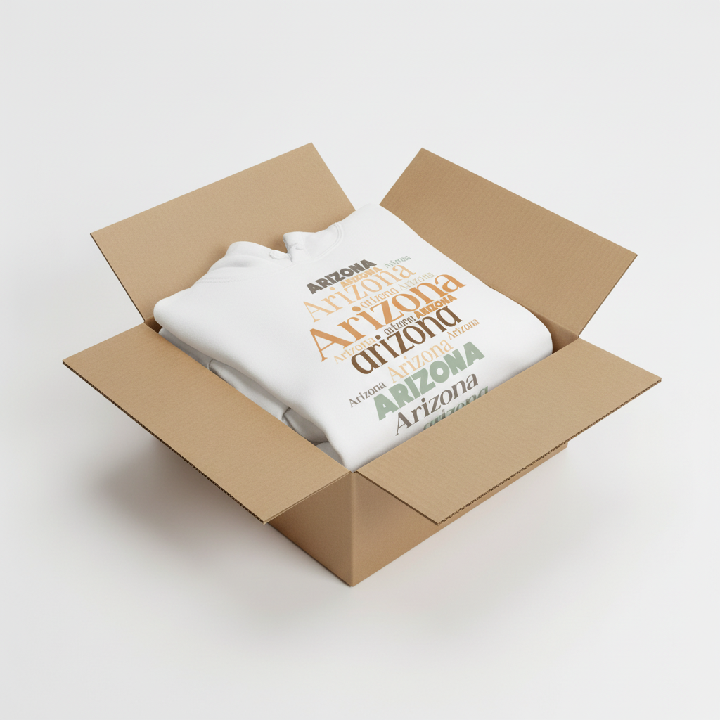 White hoodie in shipping box with collar and hood visible