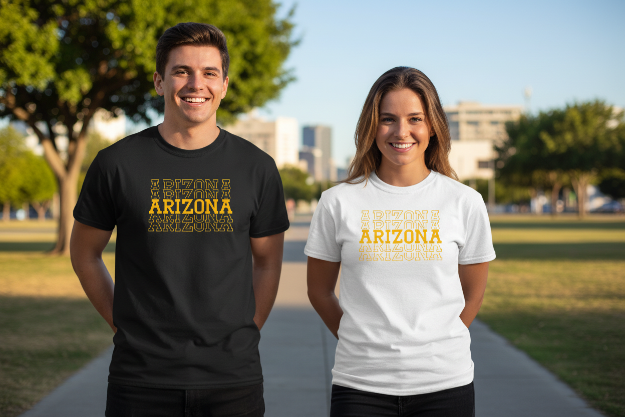 Male and female models wearing black and white t-shirts side by side