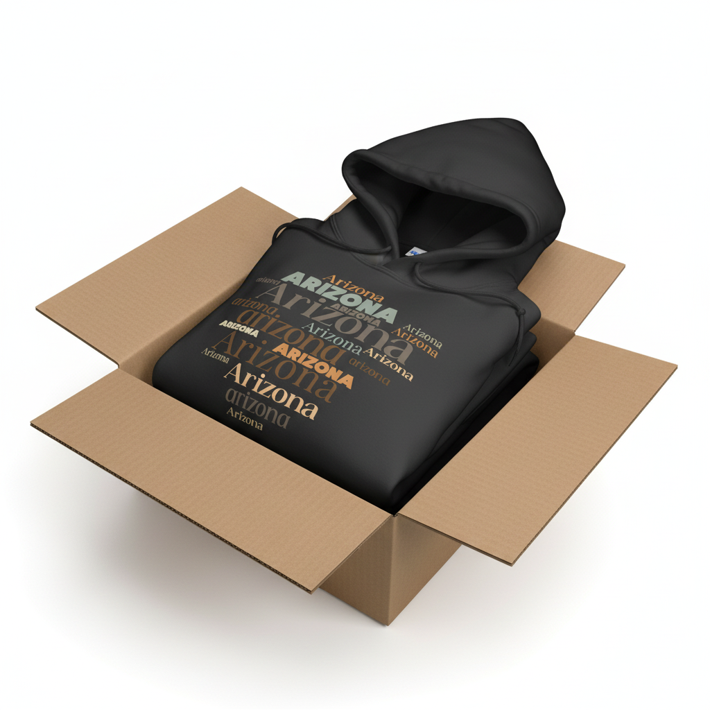 Black hoodie in shipping box with collar and hood visible