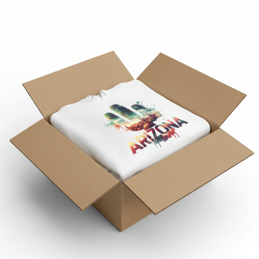 White hoodie in shipping box with collar and hood visible