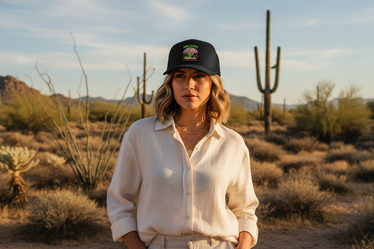 Woman wearing black Richardson 112 trucker snapback hat - Arizona desert lifestyle