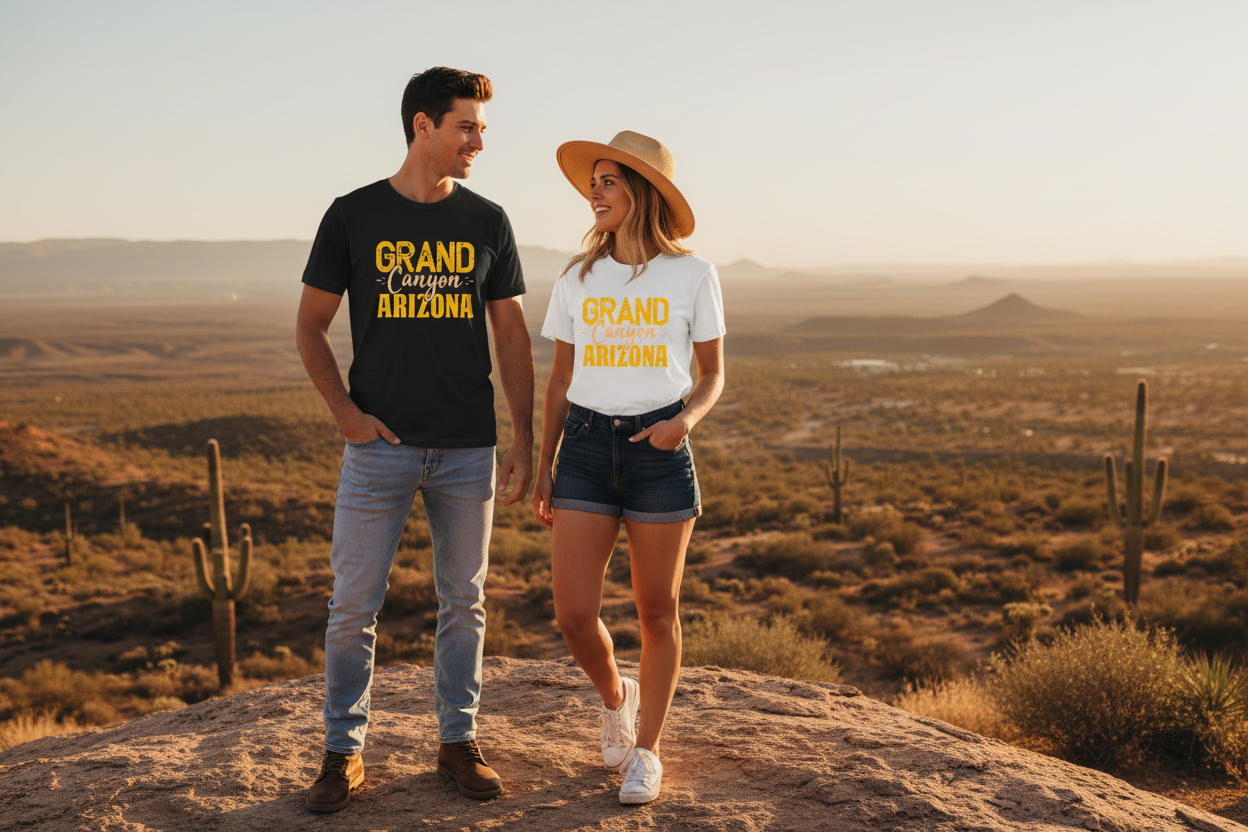 Man and woman wearing black and white graphic t-shirts - Arizona desert lifestyle