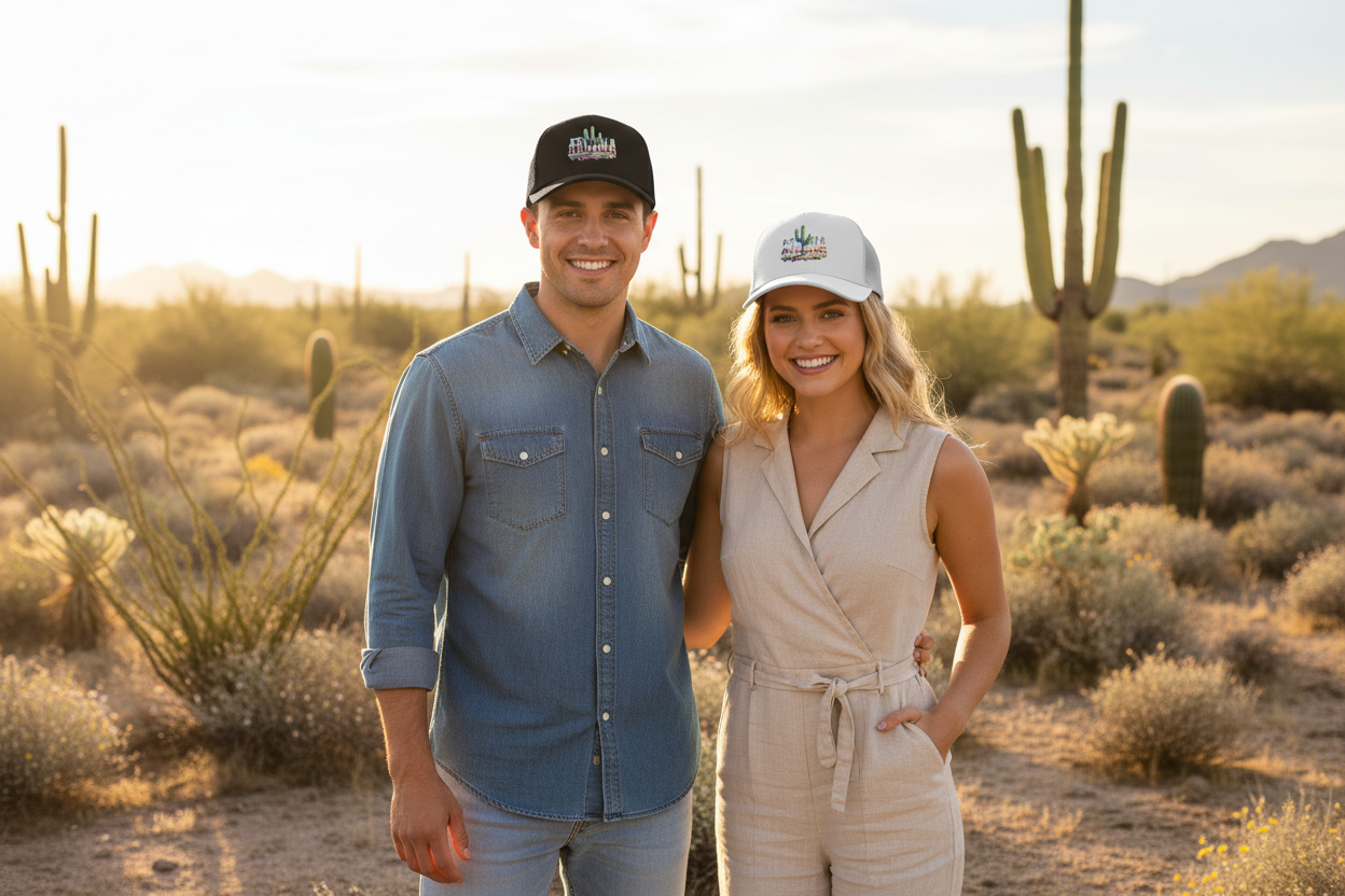 Man and woman wearing black and white Richardson 112 trucker snapback hats - Arizona desert lifestyle