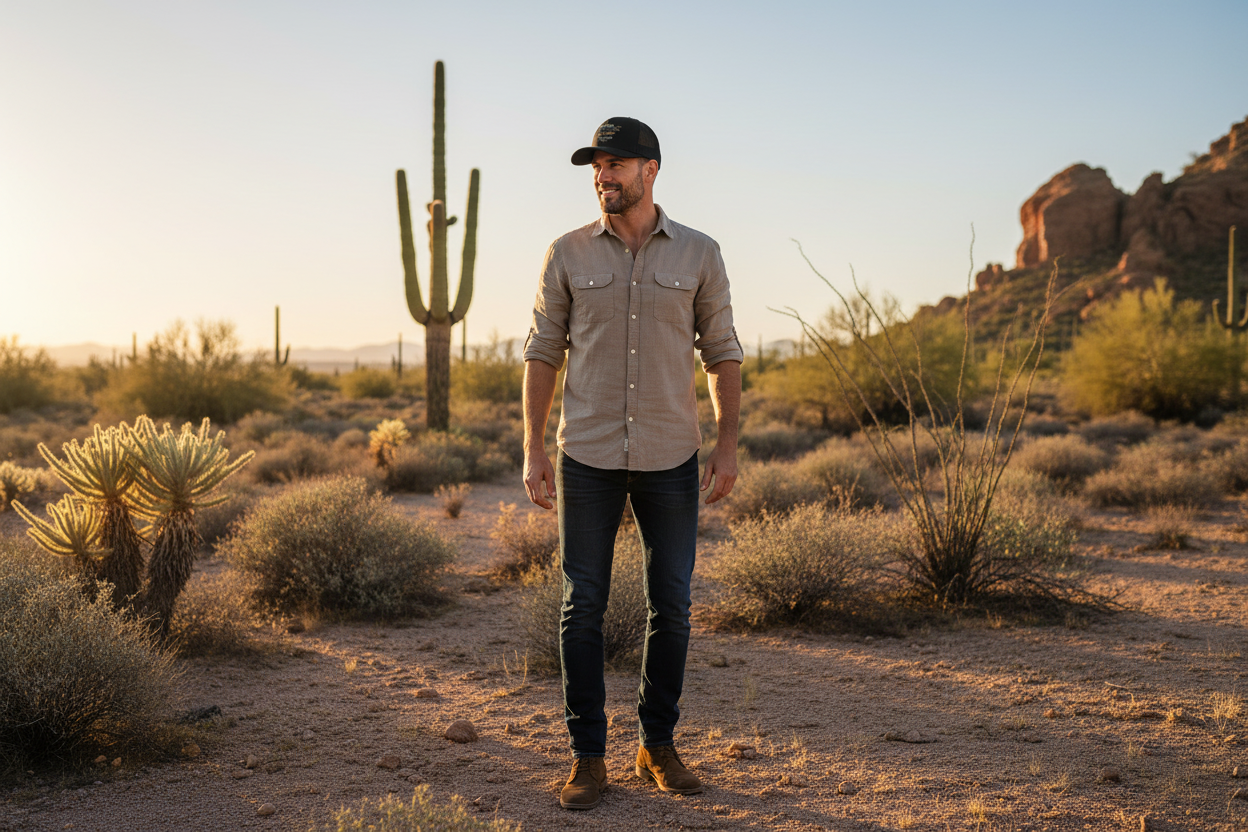 Man wearing black Richardson 112 trucker snapback hat - Arizona desert lifestyle