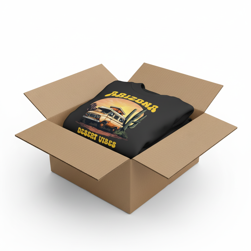 Black hoodie in shipping box with collar and hood visible