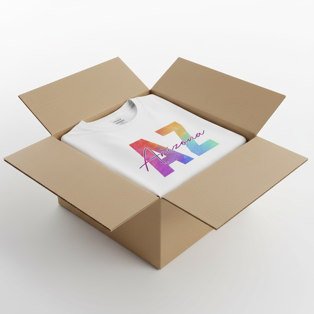 White t-shirt in shipping box with collar visible