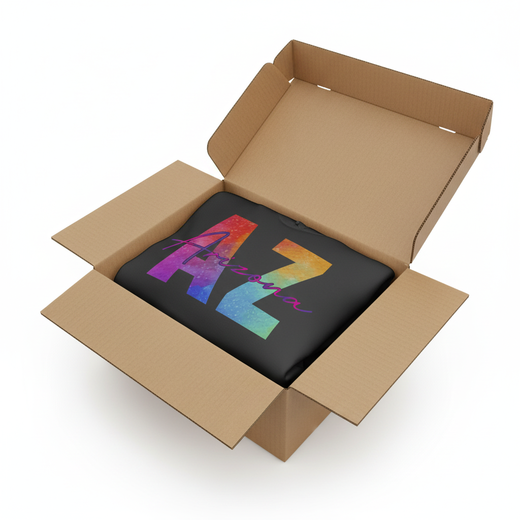 Black hoodie in shipping box with collar and hood visible