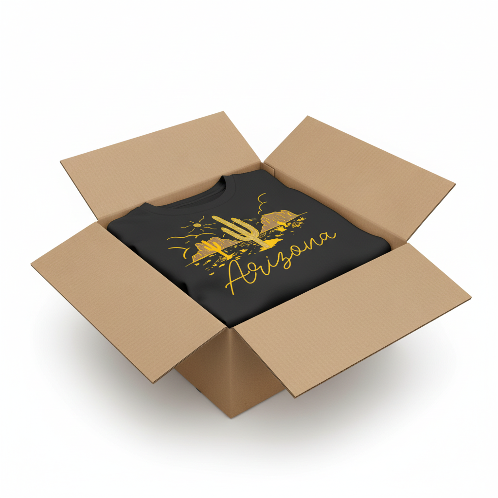 Black t-shirt in shipping box