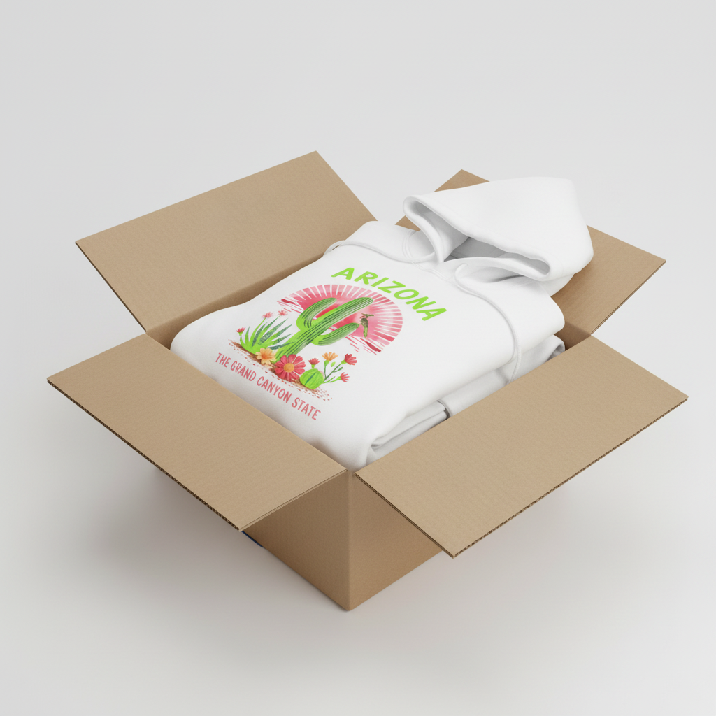 White hoodie in shipping box with collar and hood visible