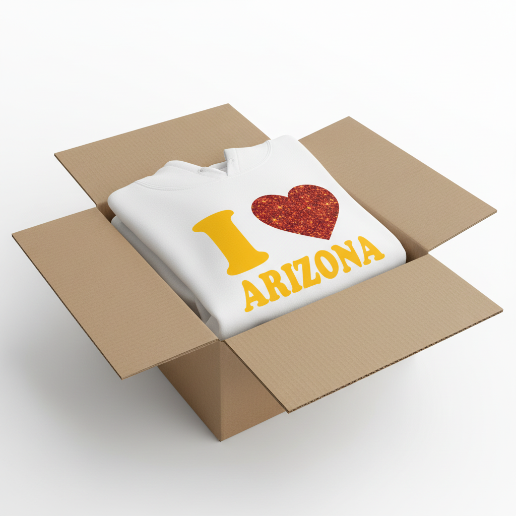 White hoodie in shipping box with collar and hood visible