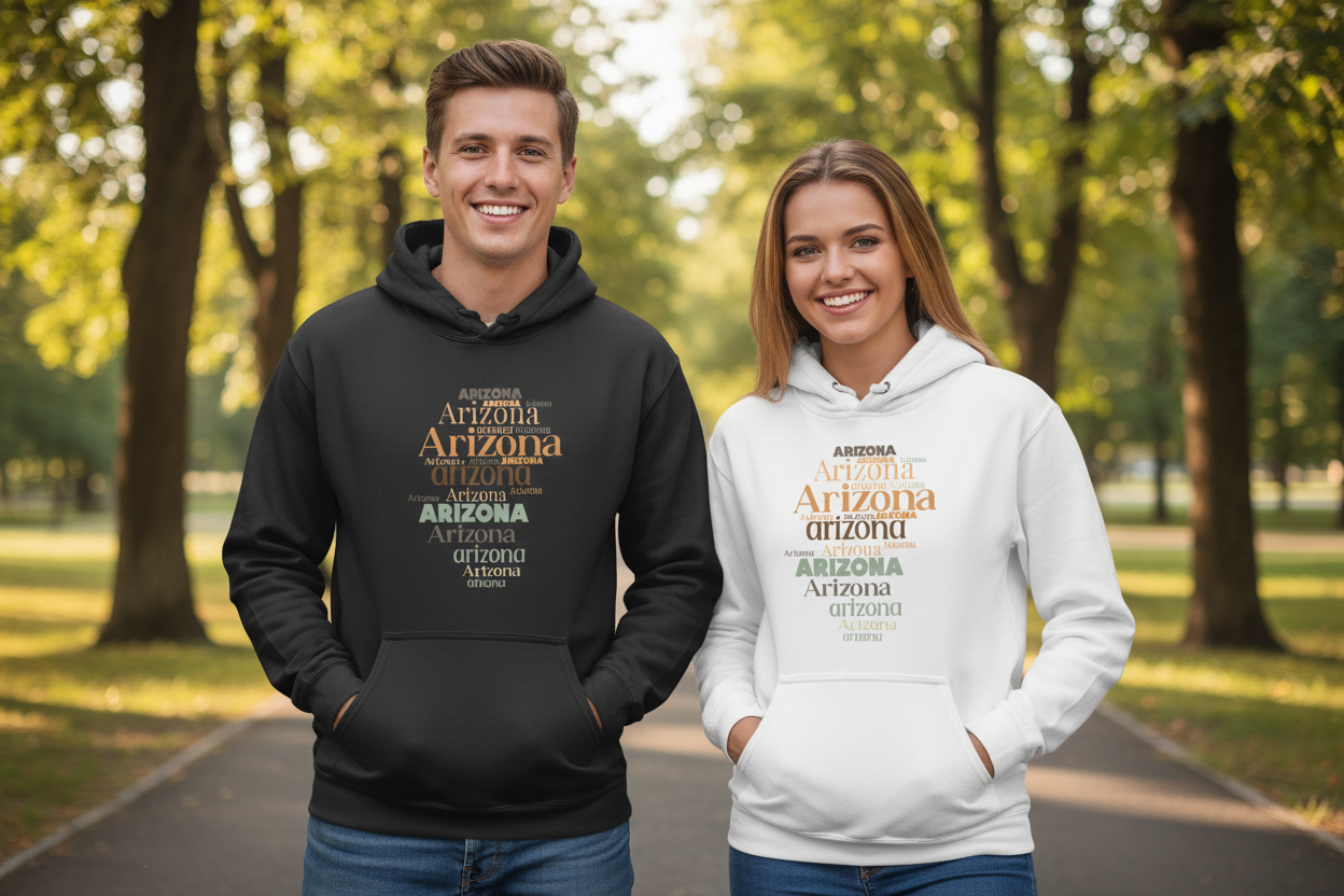 Male and female models wearing black and white hoodies side by side