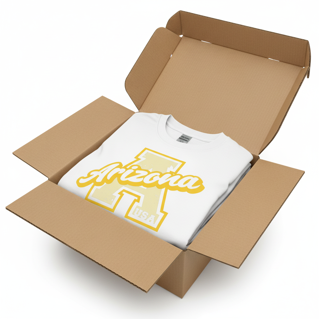 White t-shirt in shipping box with collar visible
