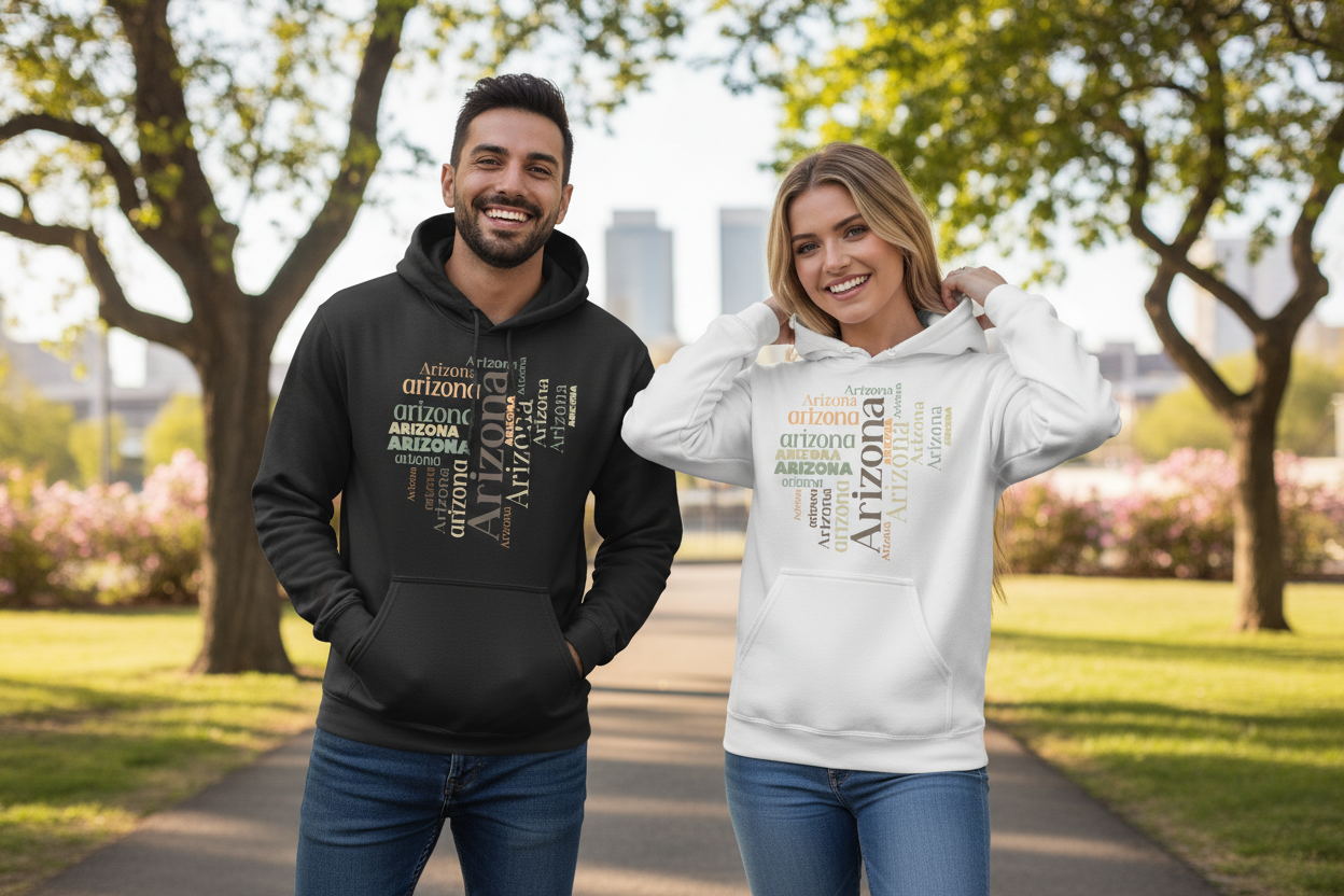 Male and female models wearing black and white hoodies side by side