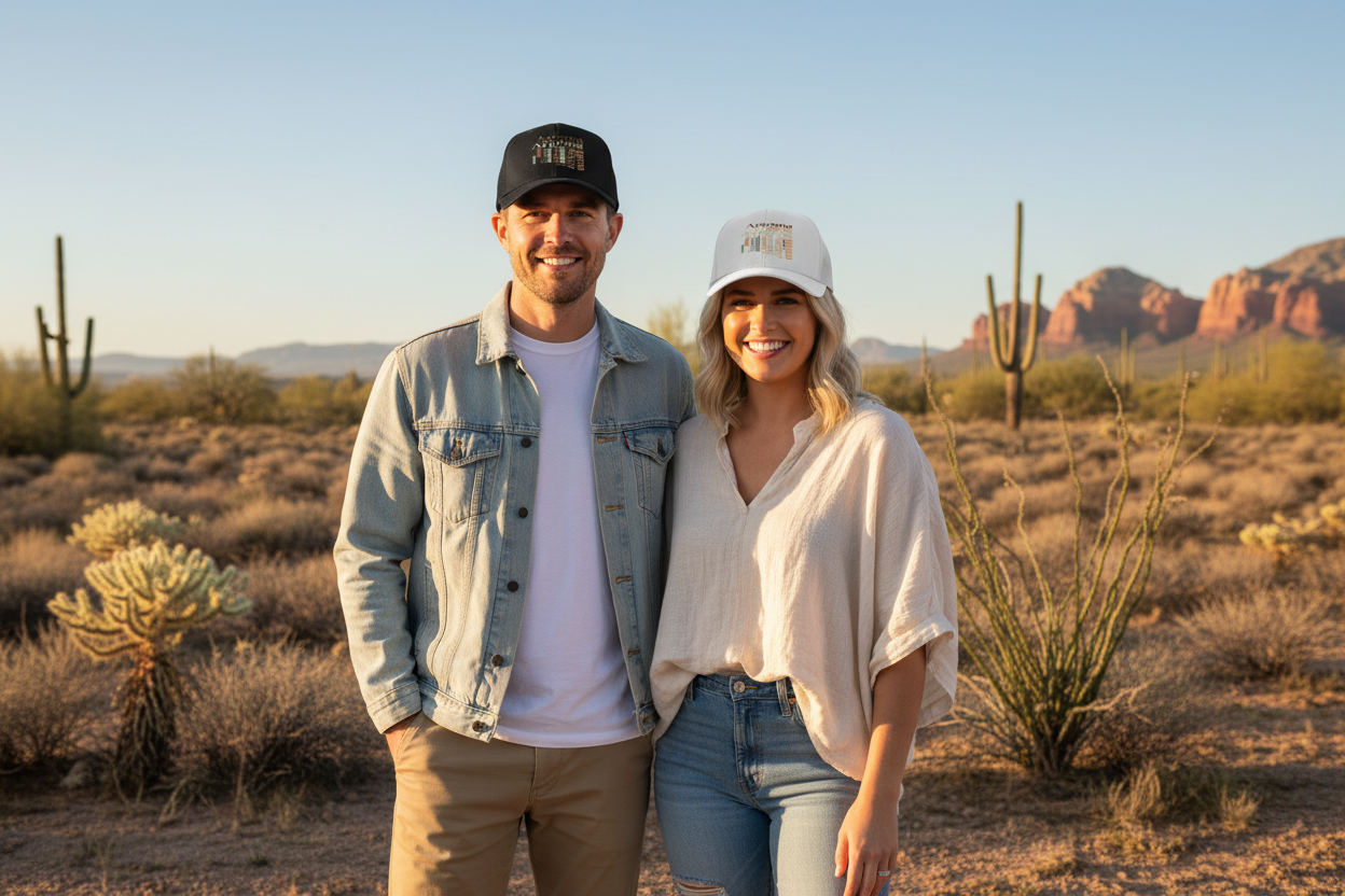Man and woman wearing black and white Richardson 112 trucker snapback hats - Arizona desert lifestyle