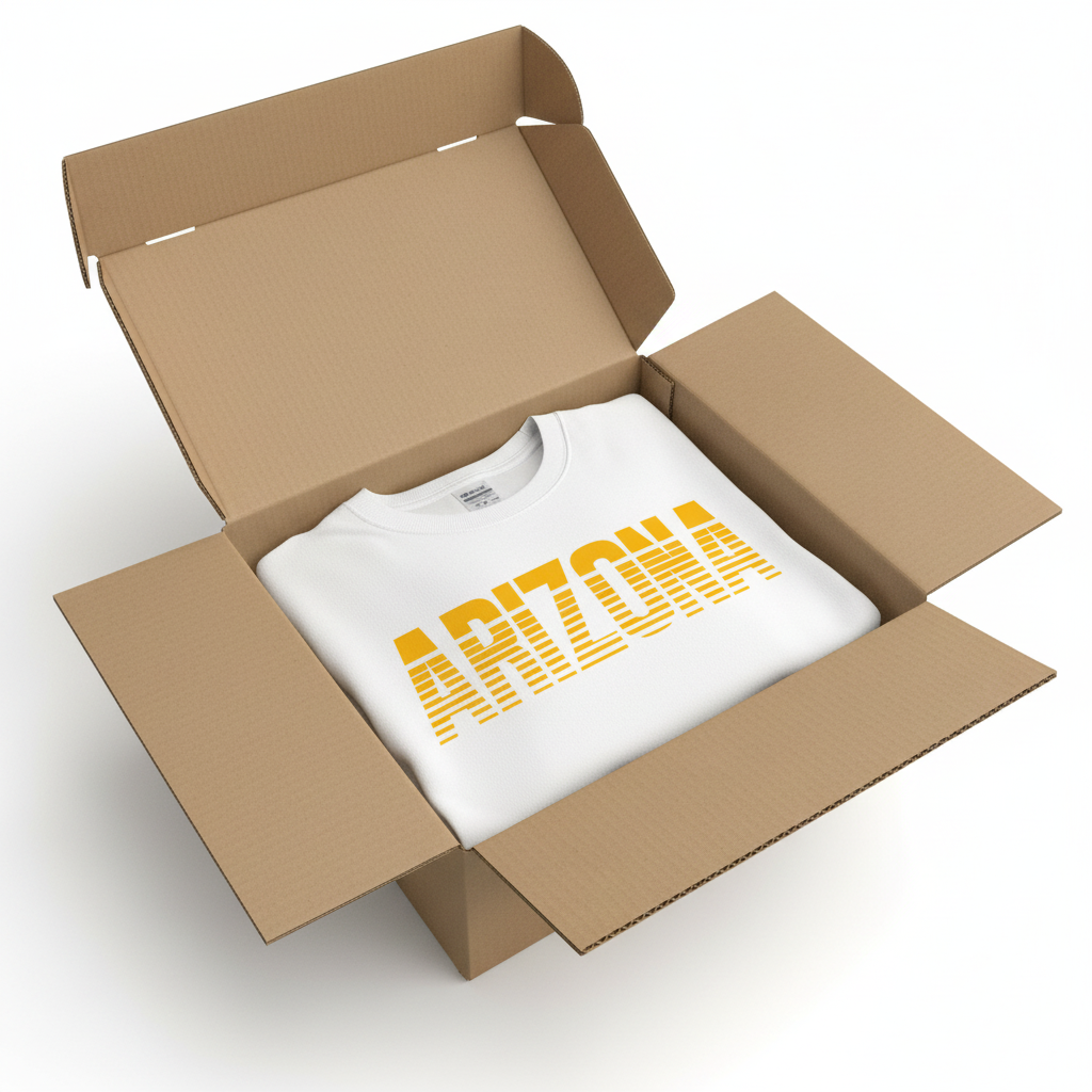 White t-shirt in shipping box with collar visible