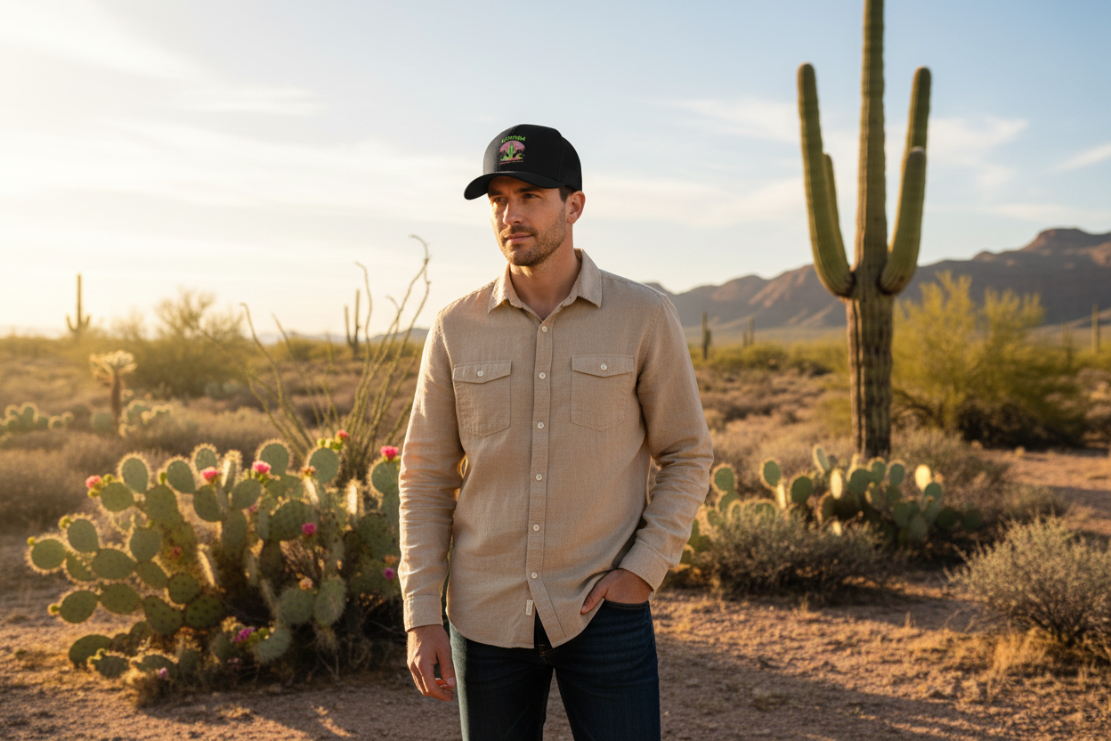 Man wearing black Richardson 112 trucker snapback hat - Arizona desert lifestyle