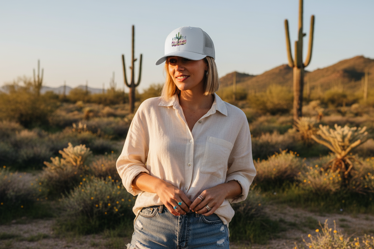 Woman wearing white Richardson 112 trucker snapback hat - Arizona desert lifestyle