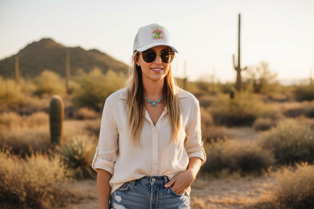 Woman wearing white Richardson 112 trucker snapback hat - Arizona desert lifestyle