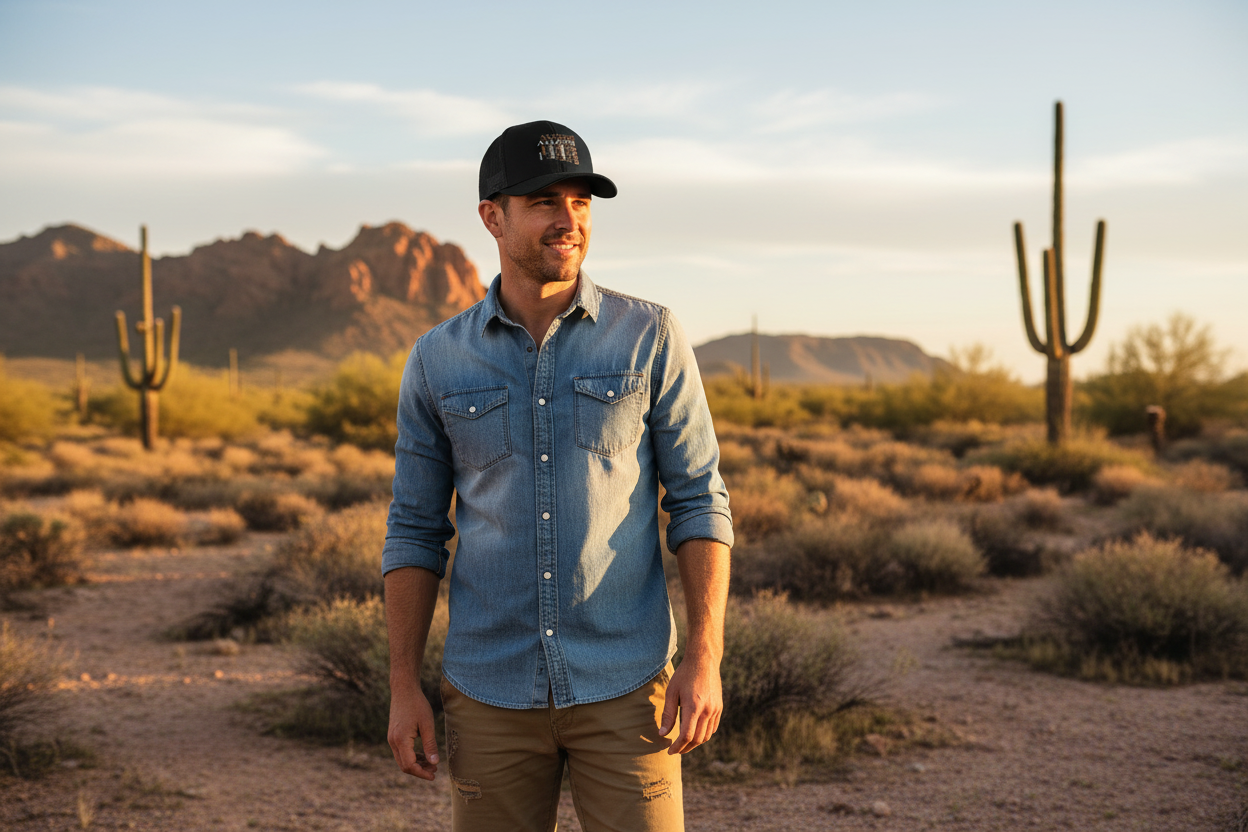 Man wearing black Richardson 112 trucker snapback hat - Arizona desert lifestyle