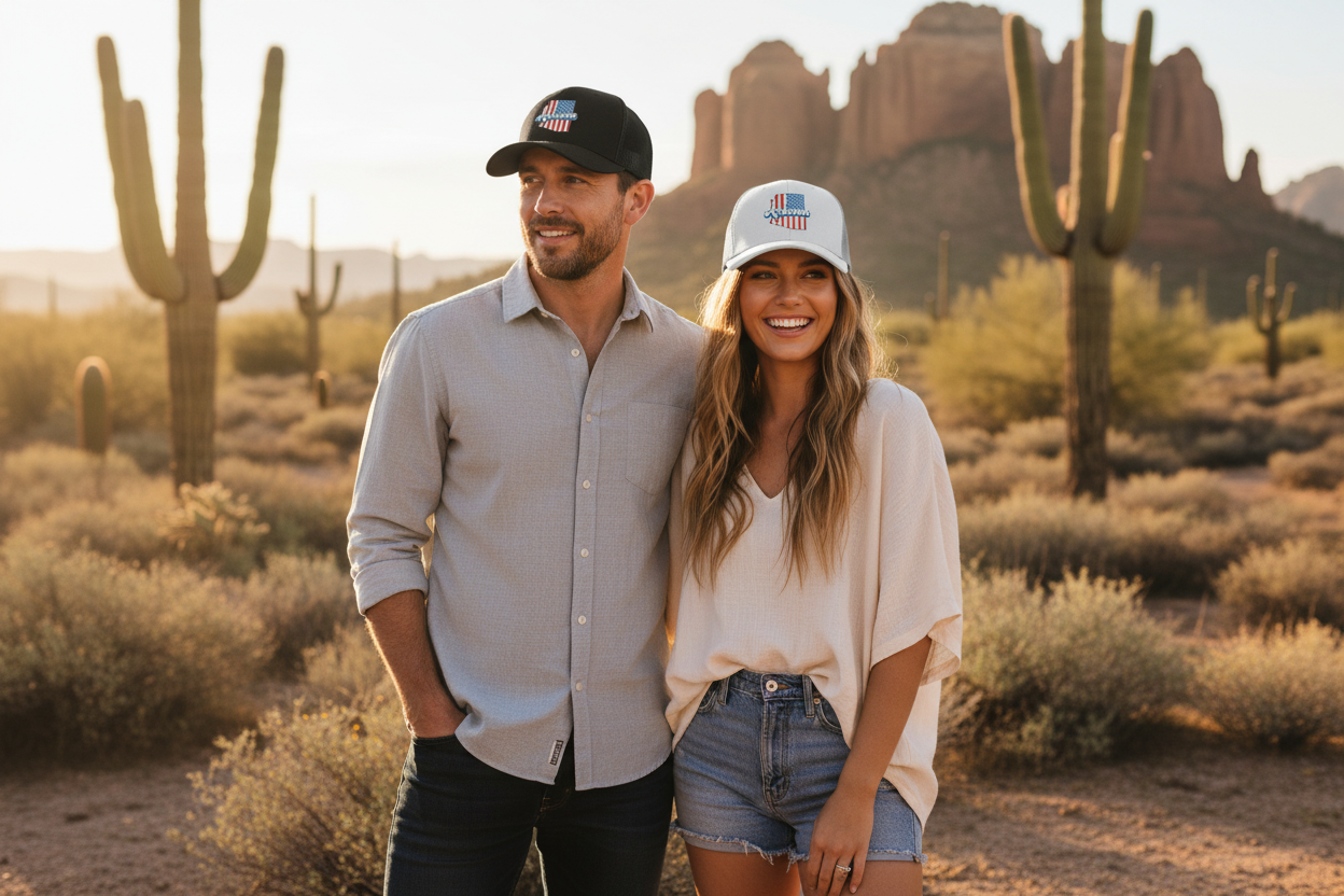 Man and woman wearing black and white Richardson 112 trucker snapback hats - Arizona desert lifestyle