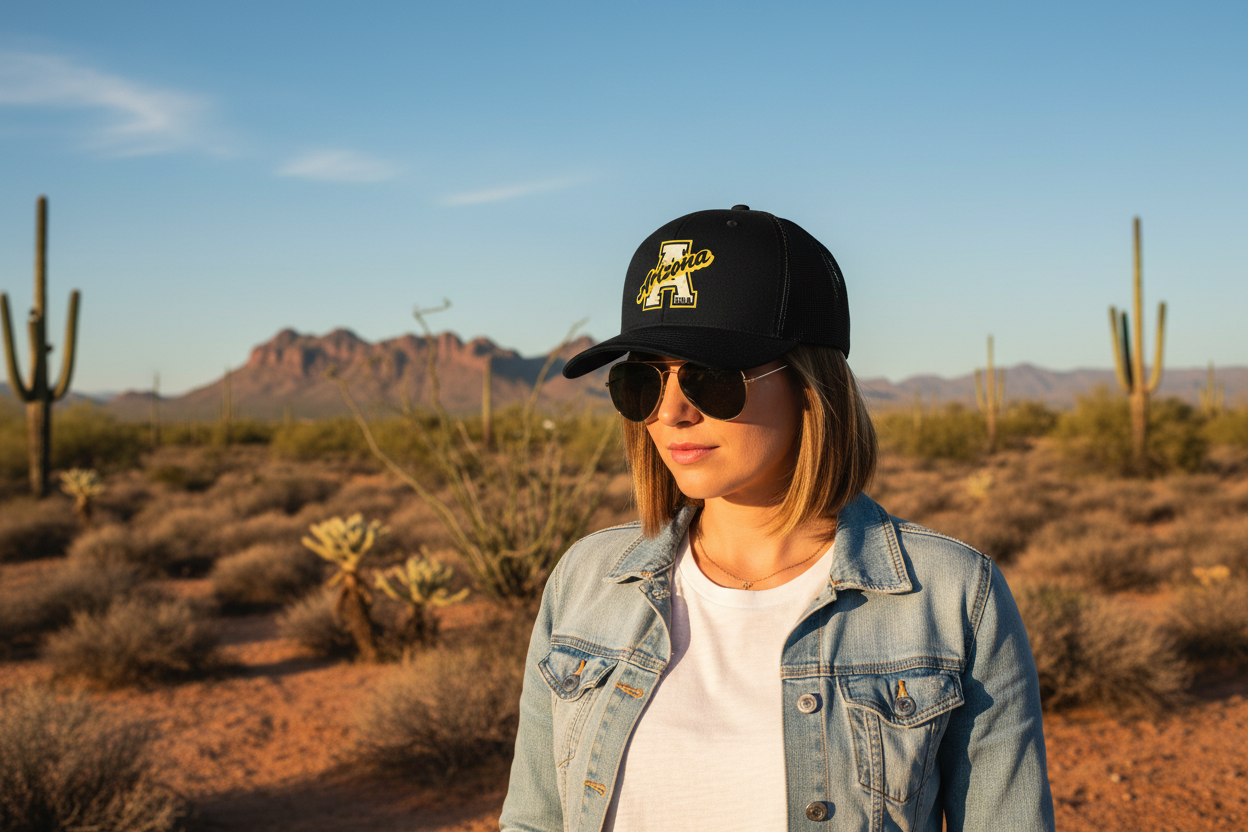 Woman wearing black Richardson 112 trucker snapback hat - Arizona desert lifestyle