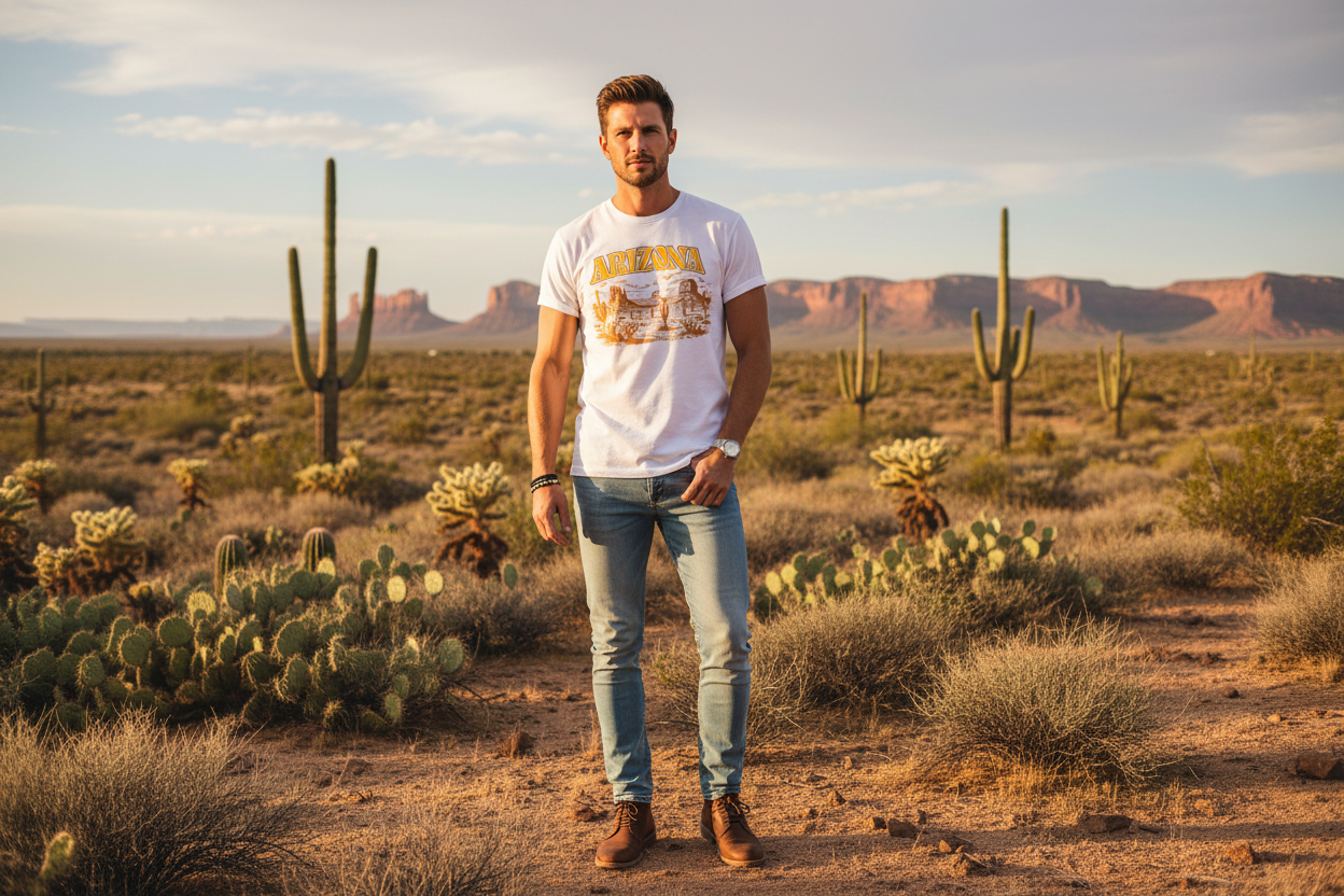 Man wearing white graphic t-shirt - Arizona desert lifestyle