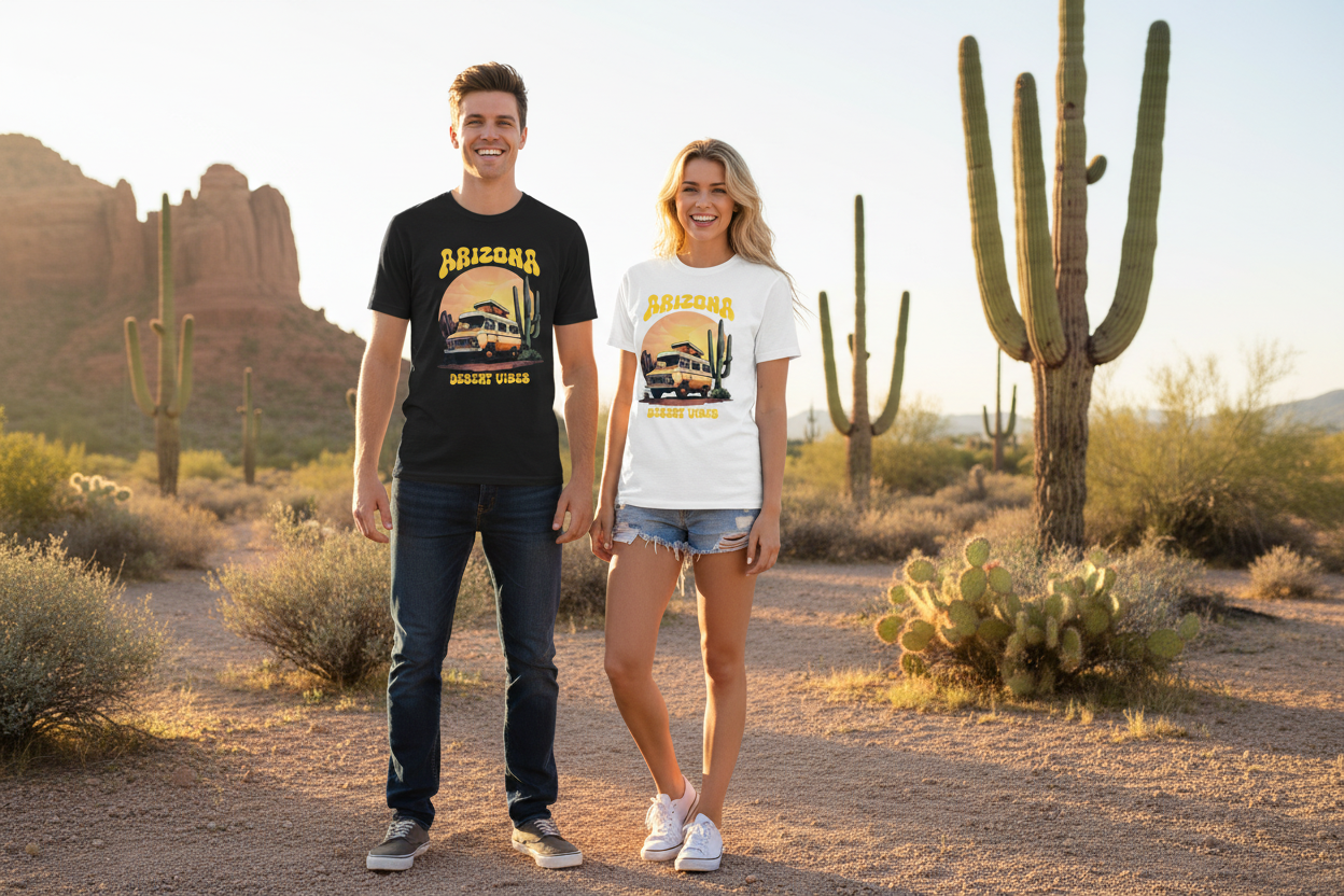 Male and female models wearing black and white t-shirts side by side